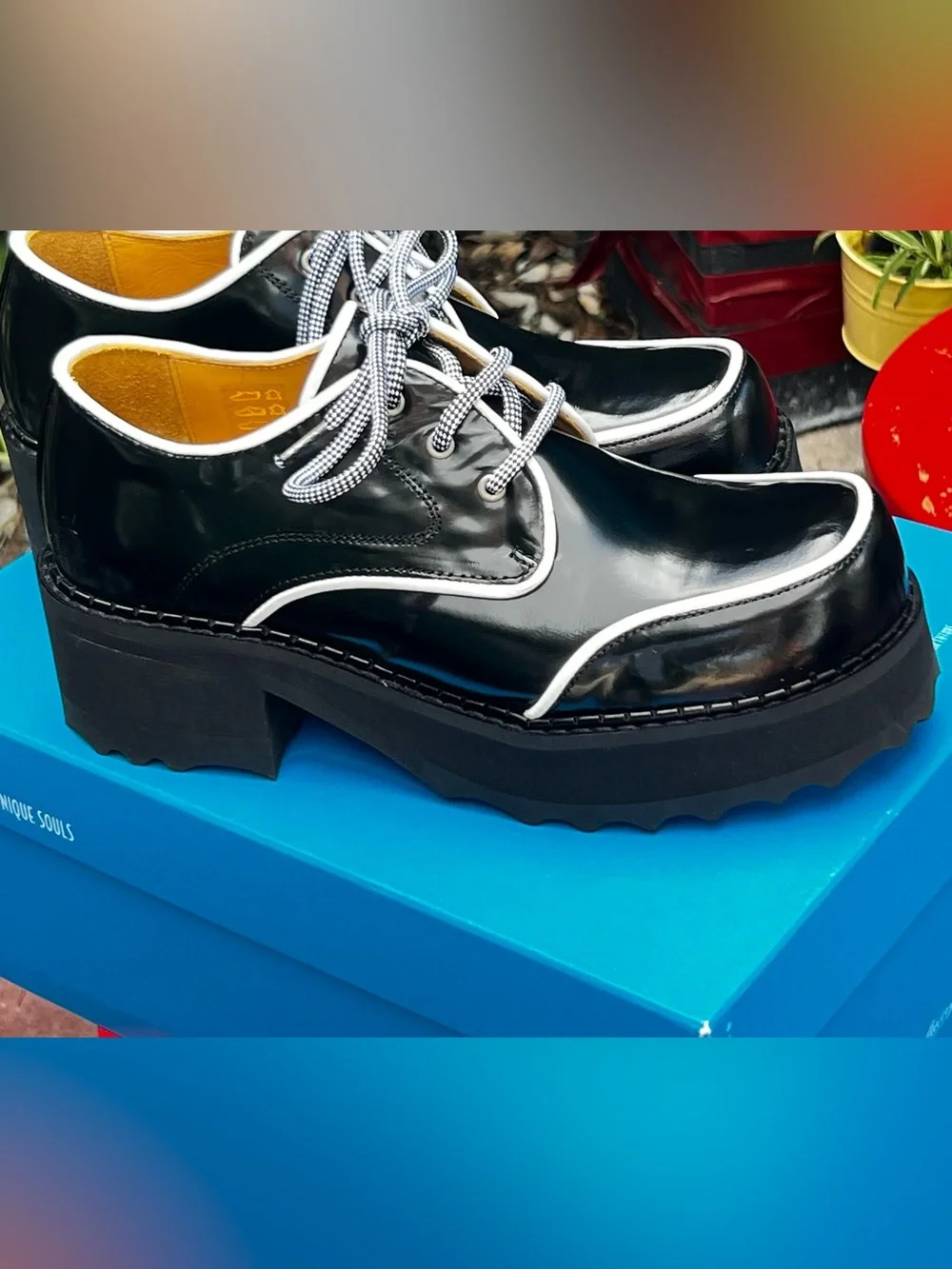 NIB John Fluevog YRSA Black/White Gloss Leather Platform Shoe Women’s 9.5 fits 9